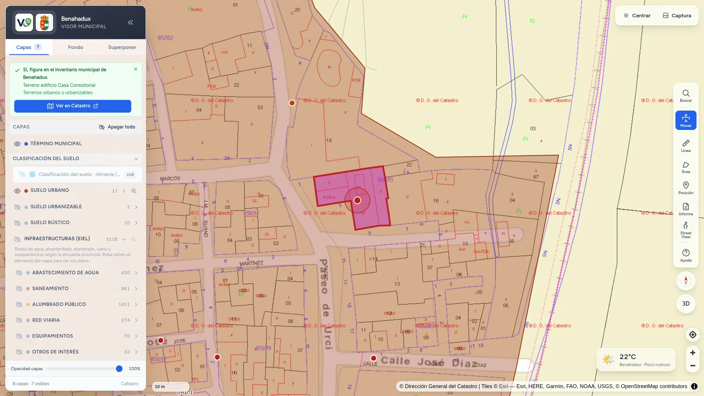 Cerca de la referència cadastral de la Casa Consistorial de Benahadux: parcel·la ressaltada i avís que figura a l'inventari municipal.