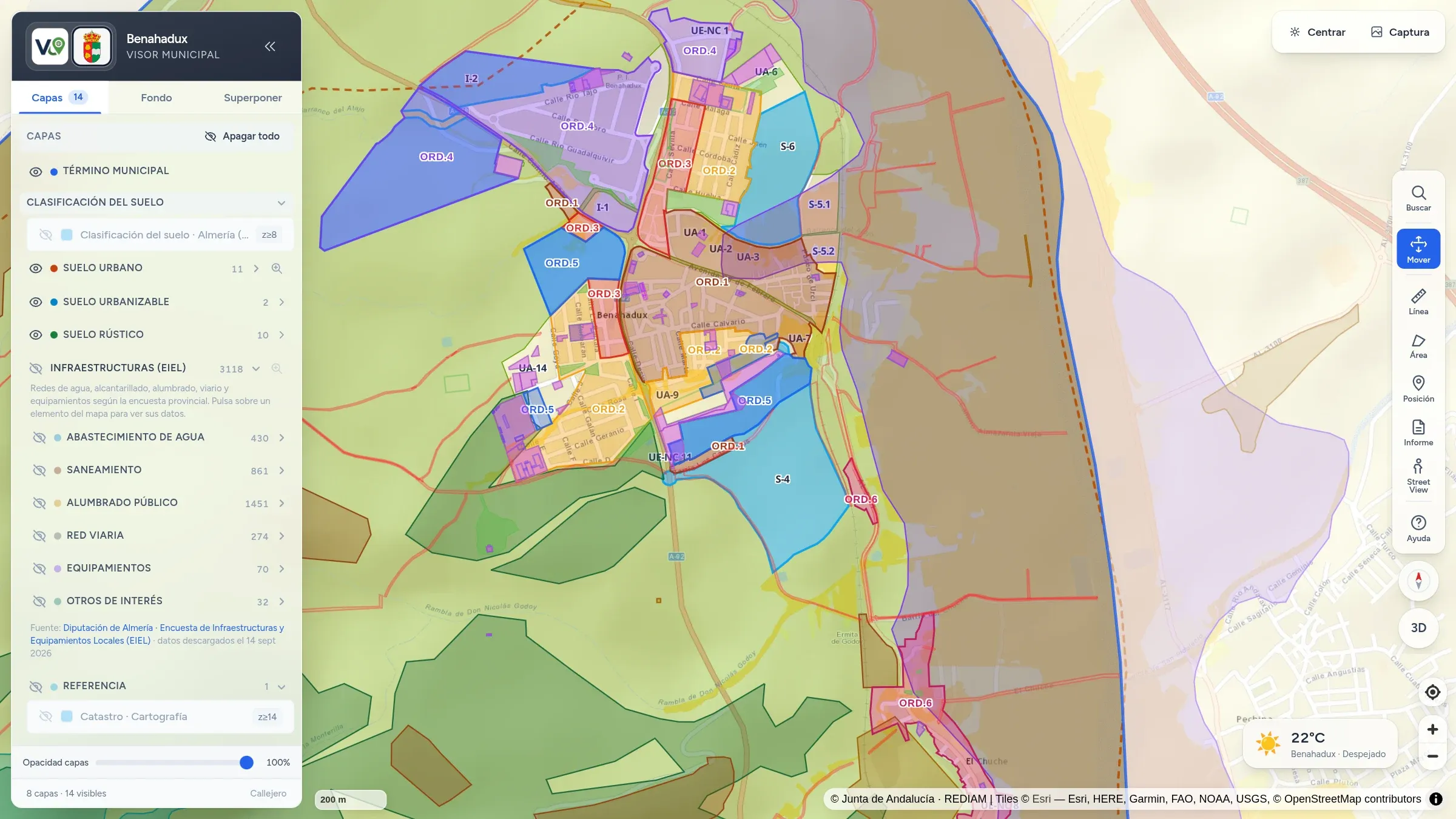 Visor de Benahadux amb la classificació del sòl: sòl urbà amb les seves ordenances, unitats d'execució i sectors urbanitzables.