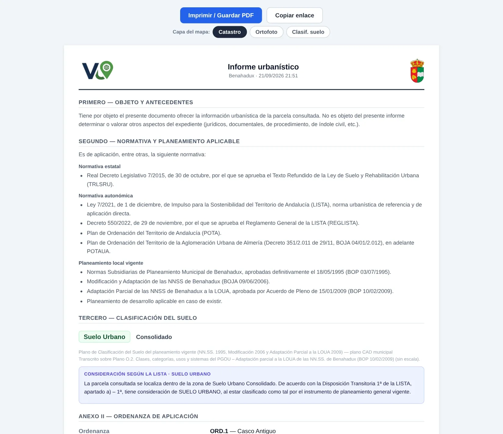 Informe urbanístic de Benahadux: objecte, normativa aplicable, classificació del sòl i annex amb els paràmetres de l'ordenança.