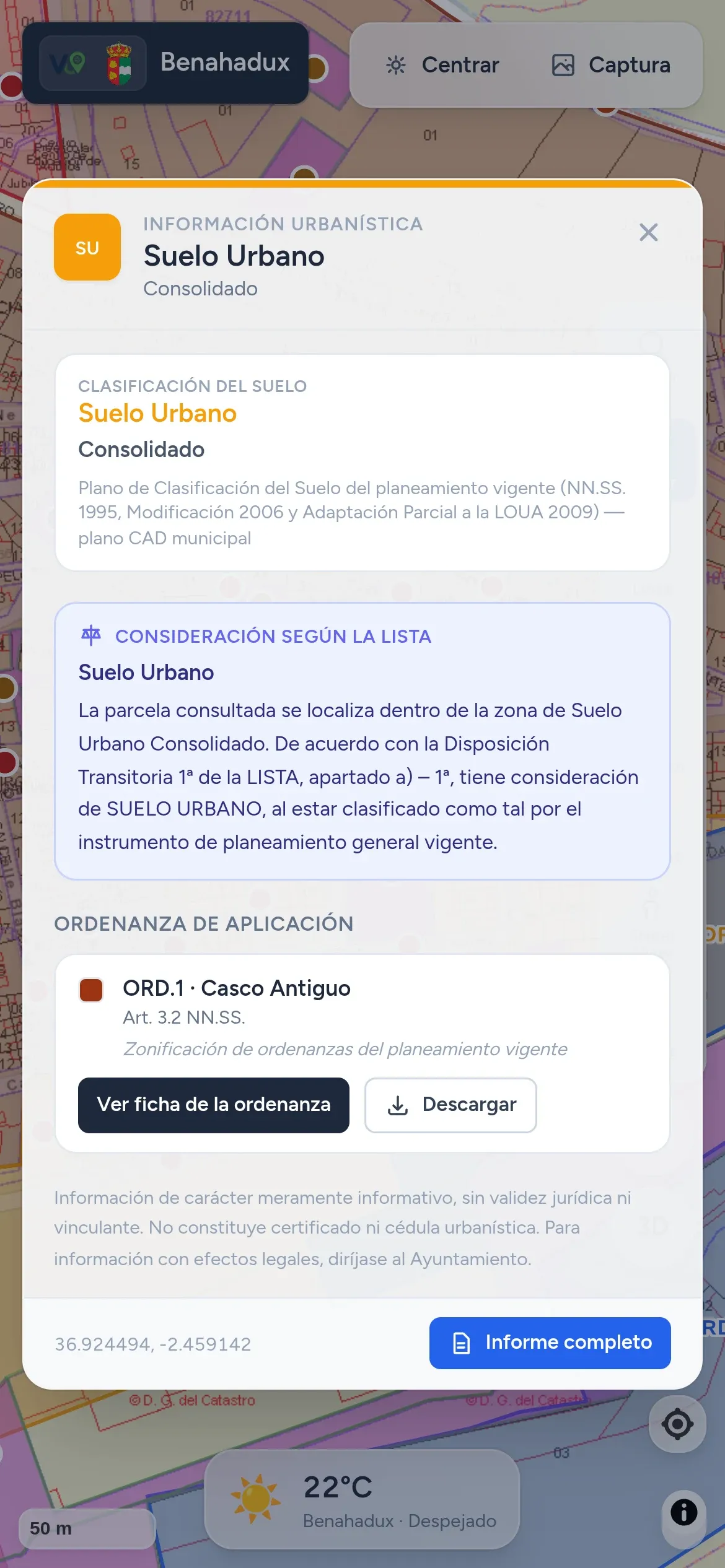 Fitxa urbanística del visor en un mòbil.
